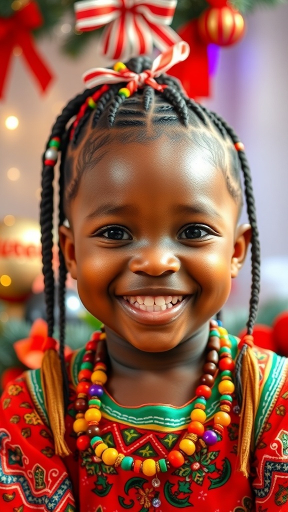 Nigerian child with colorful Christmas hairstyle and festive attire.